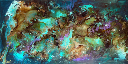 Closeup image of an abstract mixed media painting entitled &quot;Azure Opulence&quot;