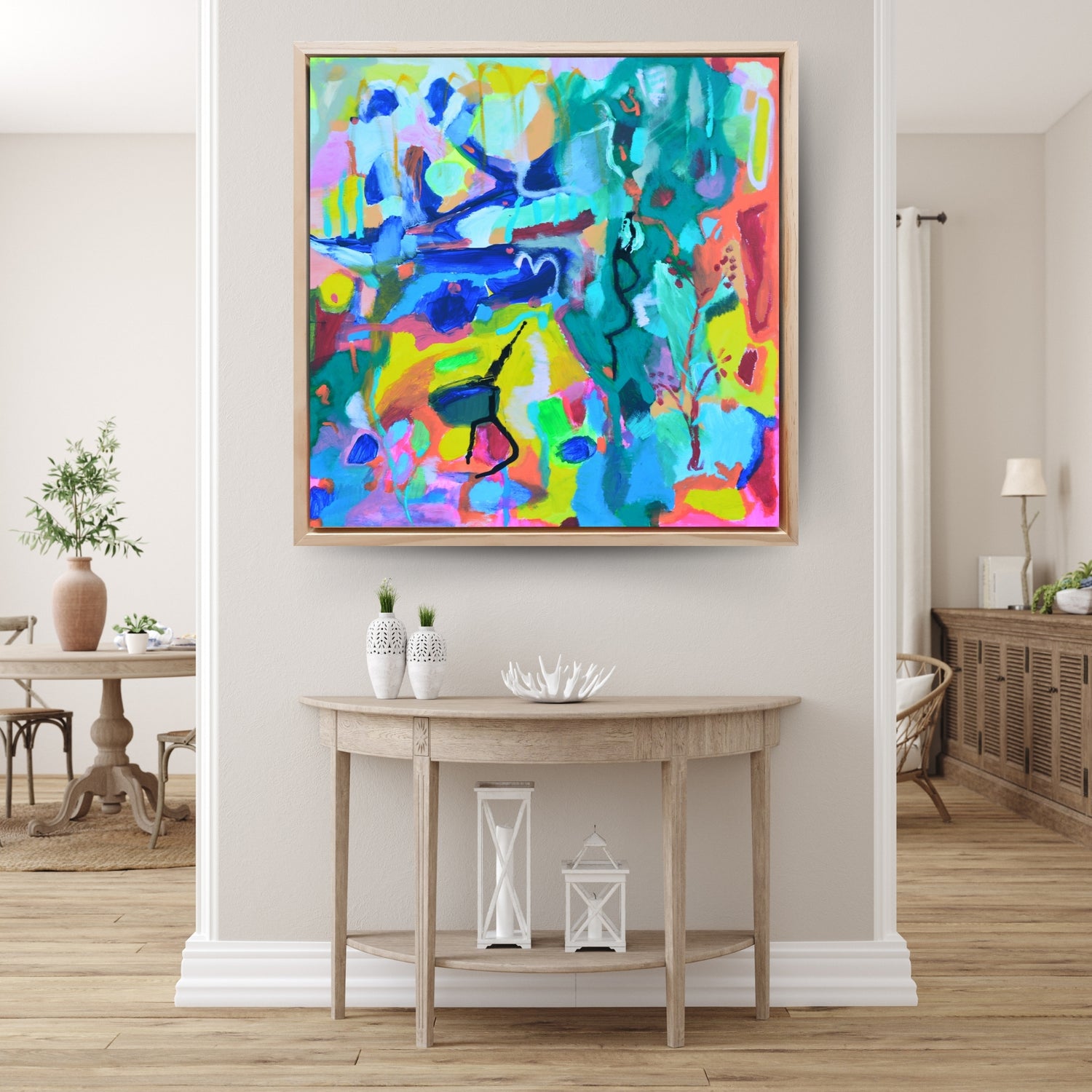 Original acrylic painting by Yuliana Kusumastuti, with bright abstract colours, shown in a hallway setting