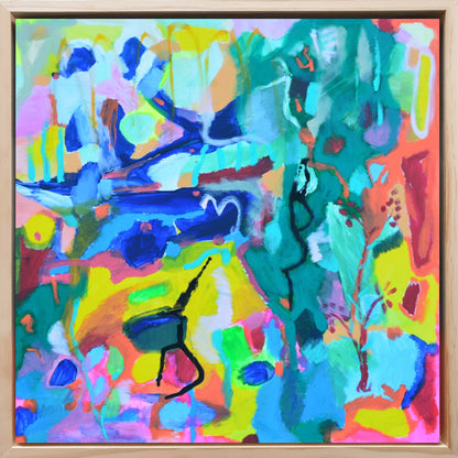 Original acrylic painting by Yuliana Kusumastuti, with bright abstract colours, shown in a natural wood frame