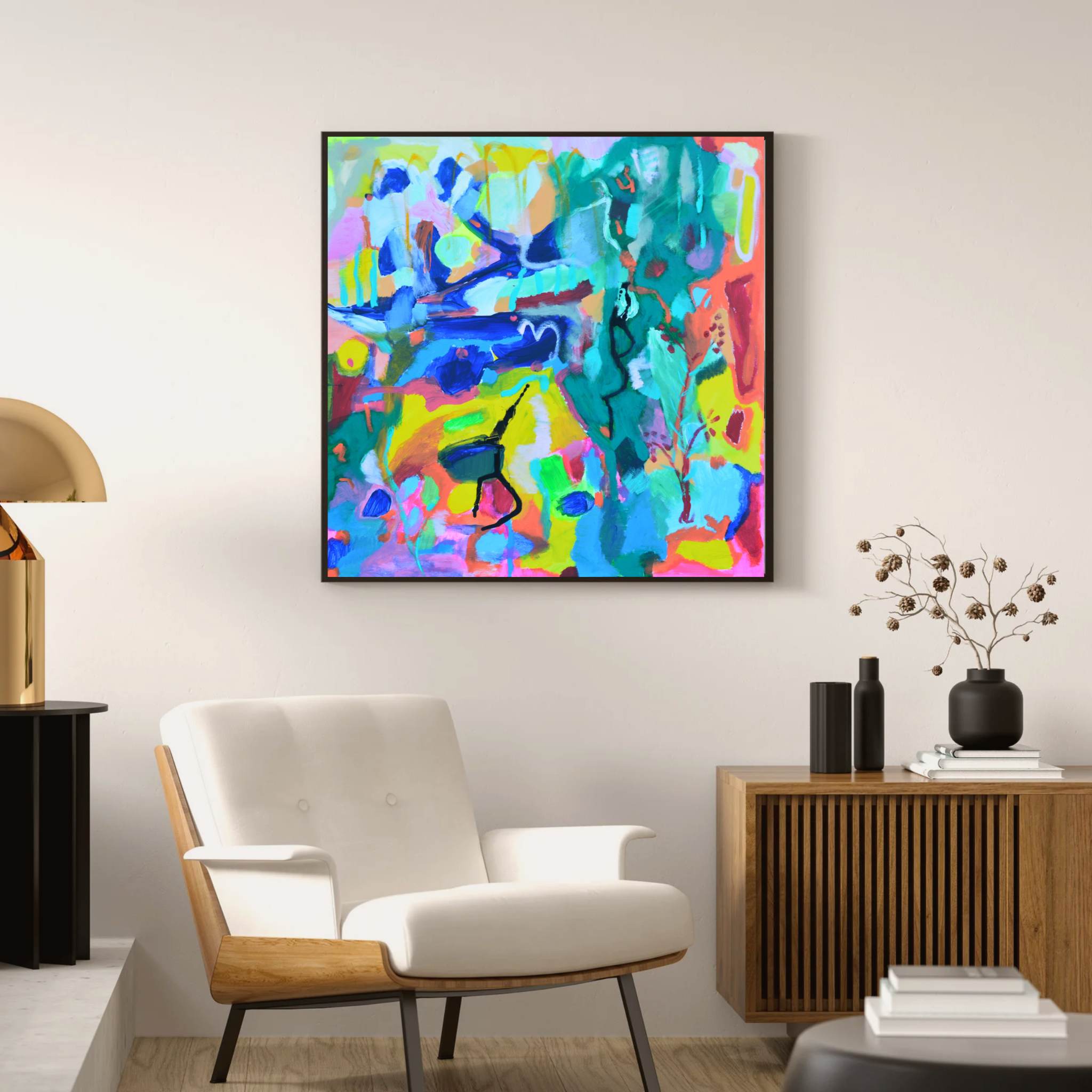 Original acrylic painting by Yuliana Kusumastuti, with bright abstract colours, shown in a sitting area setting