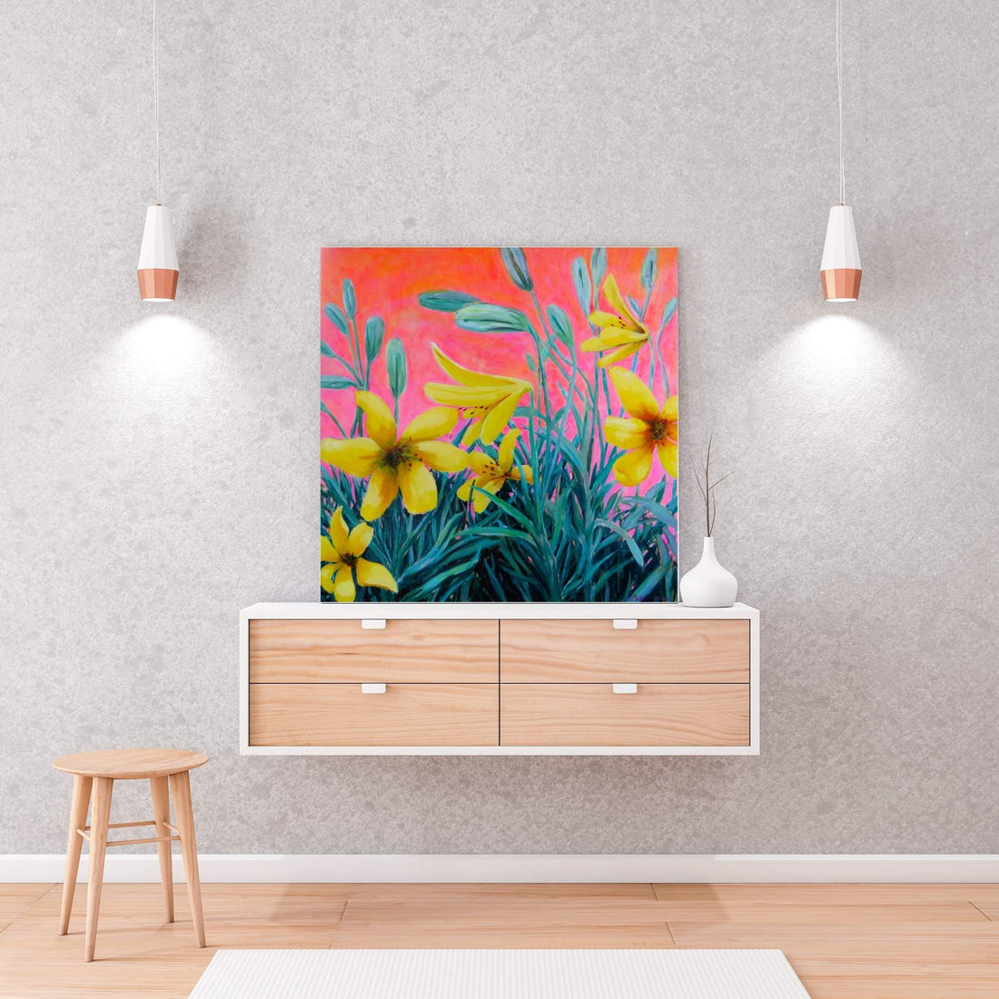 Original acrylic on canvas painting of bright yellow Lillium flowers against a neon sunset sky, in a hall setting