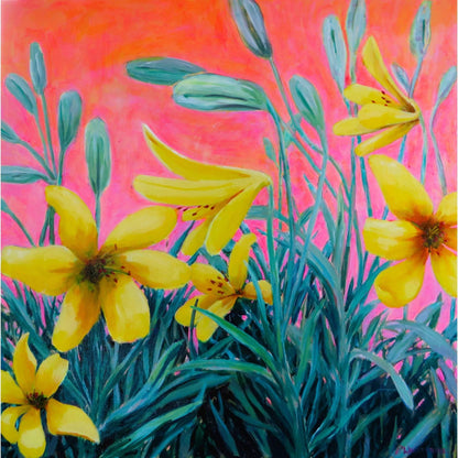 Detailed image of an original acrylic on canvas painting of bright yellow Lillium flowers against a neon sunset sky