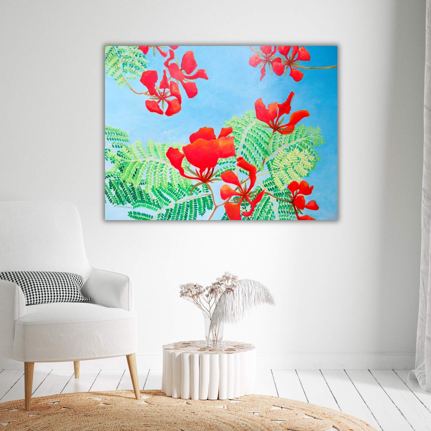 Image of an acrylic painting depicting bright red poinciana flowers and leaves against a clear blue sky, in a living room setting