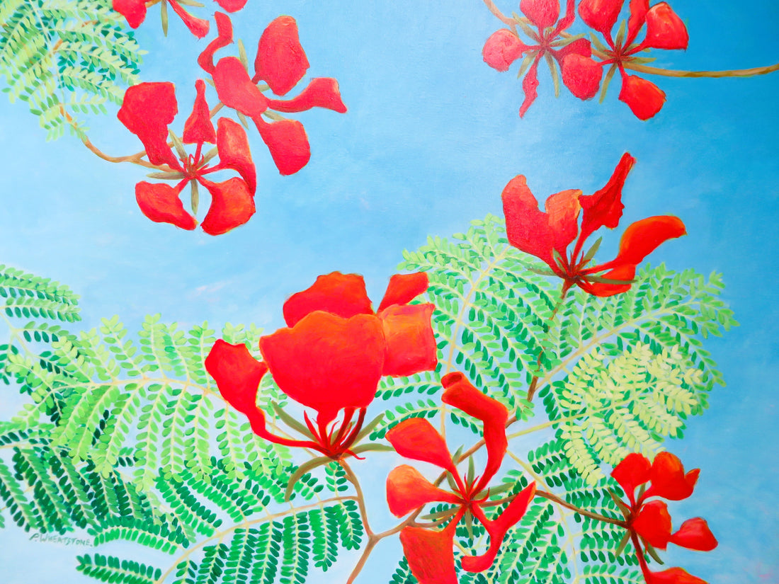 Detail Image of an acrylic painting depicting bright red poinciana flowers and leaves against a clear blue sky