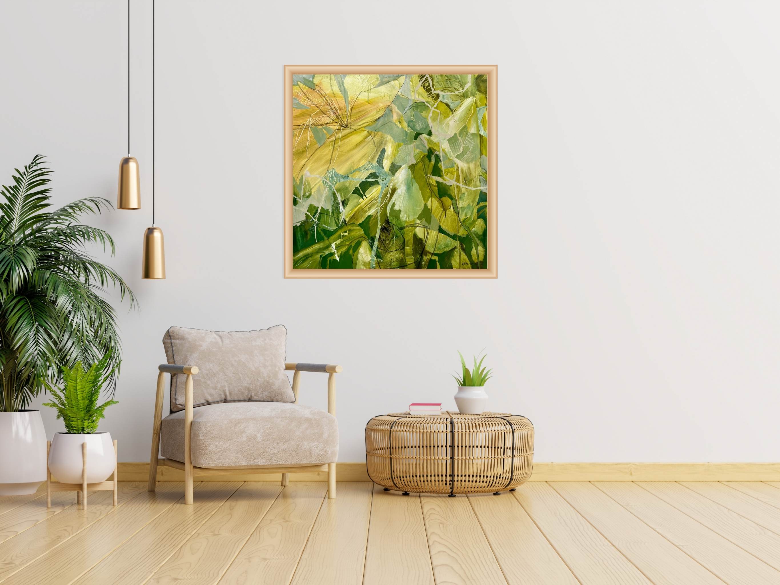 Image of a botanical themed acrylic painting on canvas by artist Bronwyn Barton, in a sitting room setting