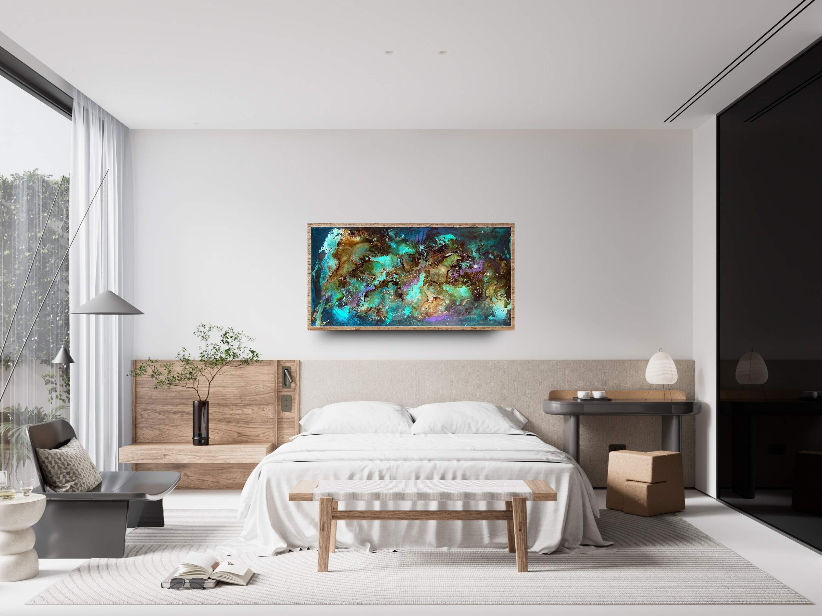 Image of an abstract mixed media painting entitled &quot;Azure Opulence&quot; in a bedroom setting