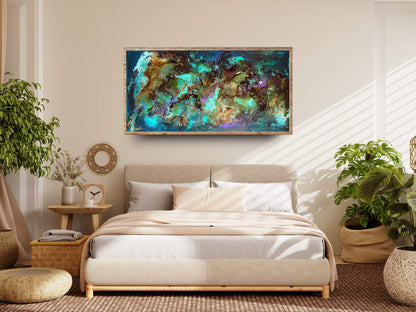 Image of an abstract mixed media painting entitled &quot;Azure Opulence&quot; in a bedroom setting