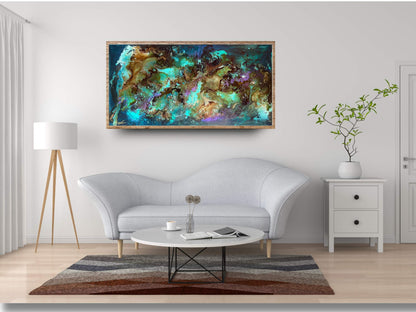 Image of an abstract mixed media painting entitled &quot;Azure Opulence&quot; in a lounge setting with white furniture